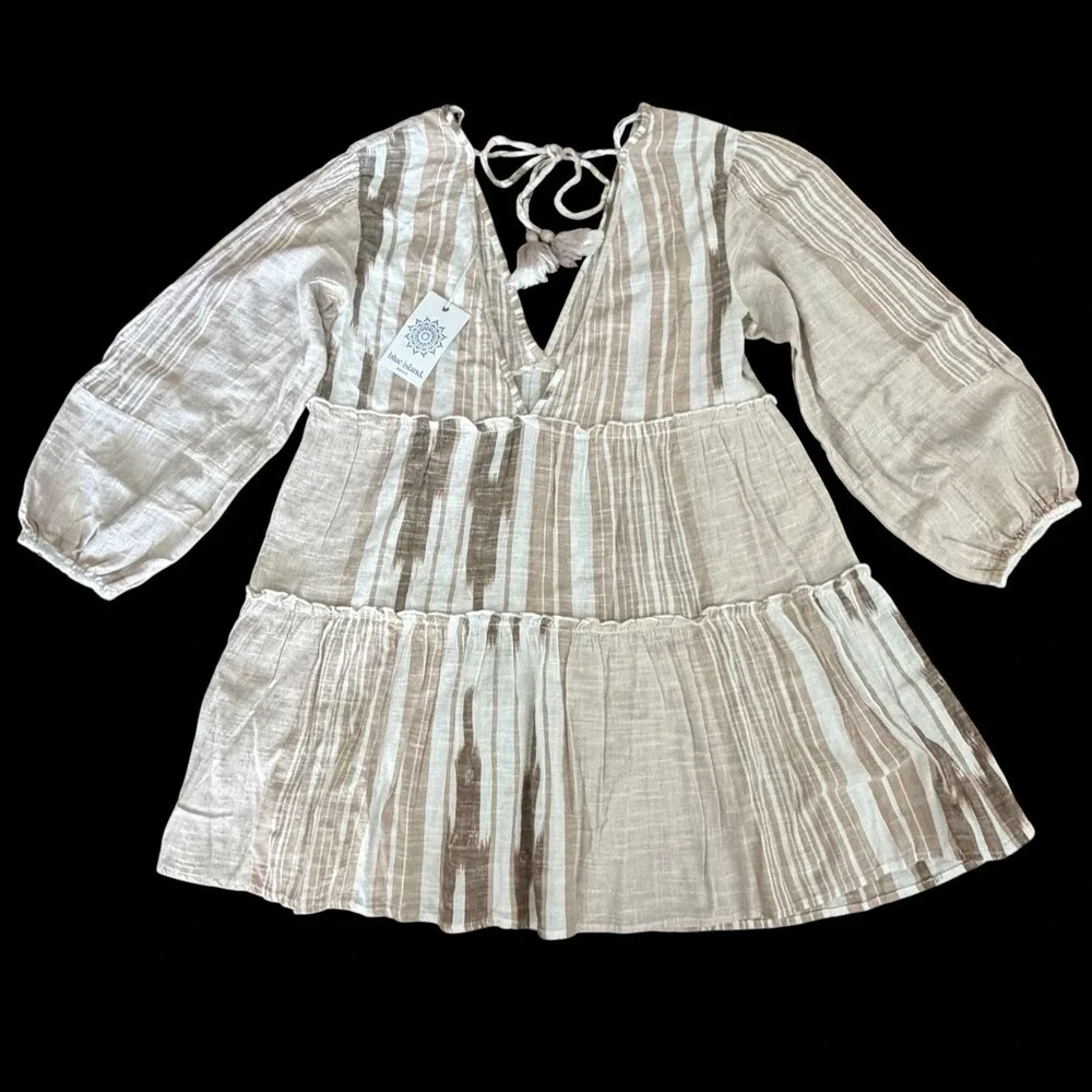Blue Island Beach Coverup Small Ruffles Tassels Boho Tan Neutral Stripes Resort‎